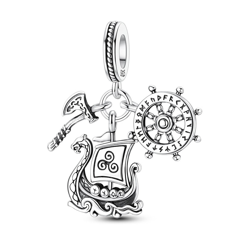 Norse Mythology Viking Series - Viking Ship Battle Axe Wheel Charm