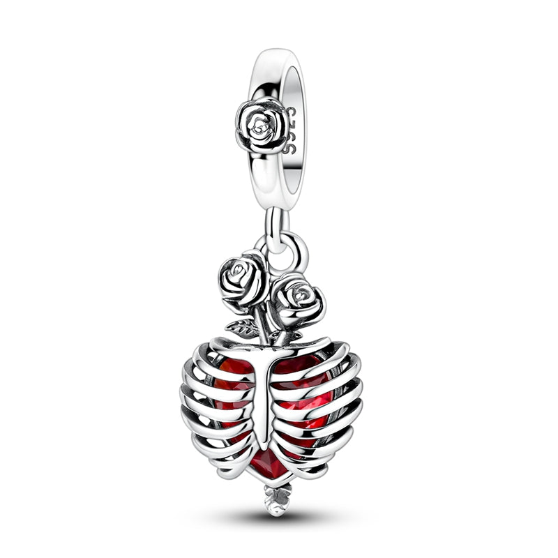 Rose Skeleton Red Heart Charm