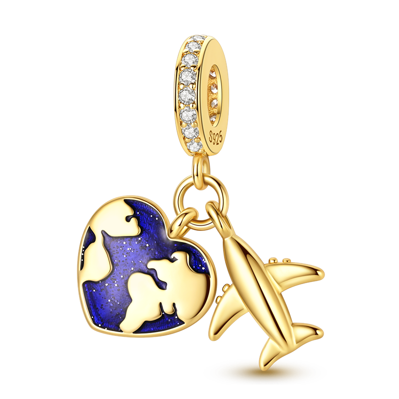 Gold Heart Earth Airplane Two-In-One Charm
