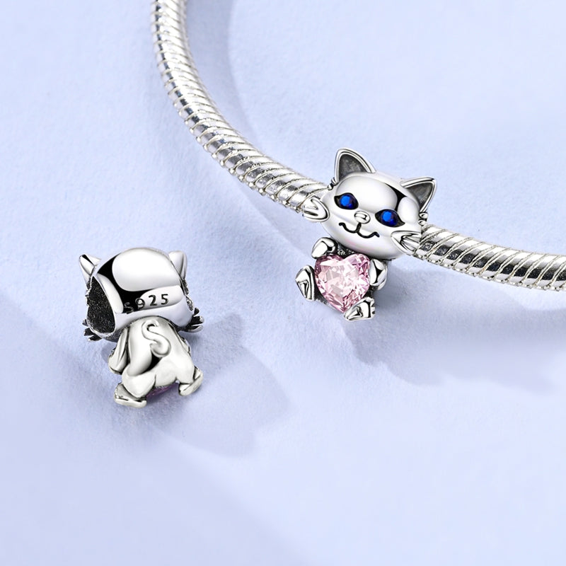 Cat Hugging Pink Heart Charm