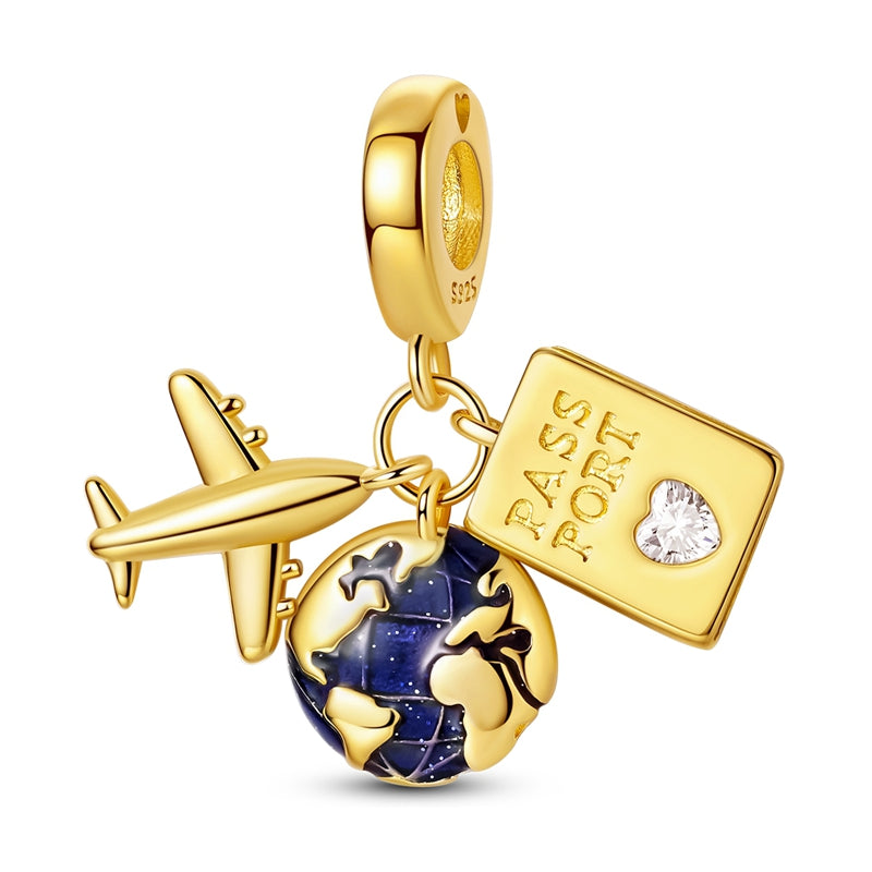 Golden Globe Airplane Passport Charm