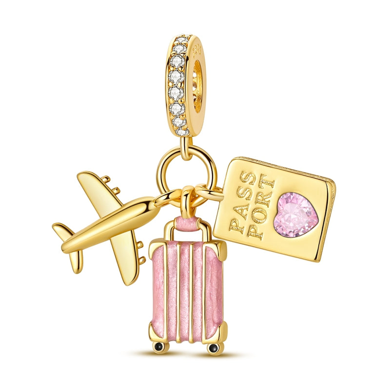 Gold Suitcase Airplane Passport Charm