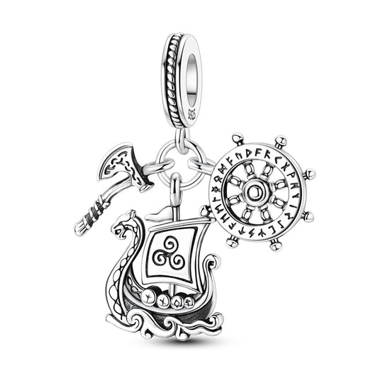 Norse Mythology Viking Series - Viking Ship Battle Axe Wheel Charm