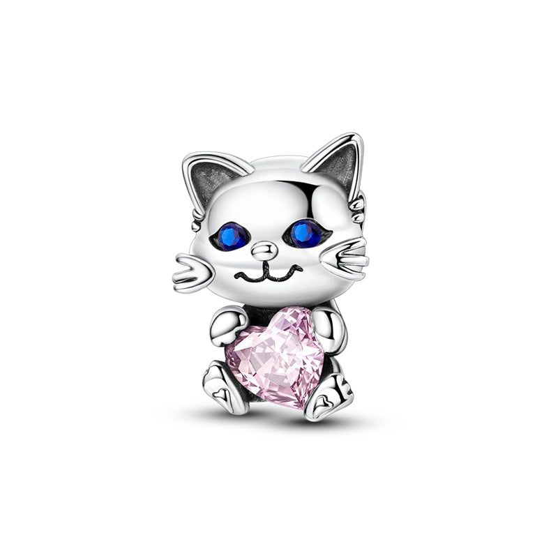 Cat Hugging Pink Heart Charm