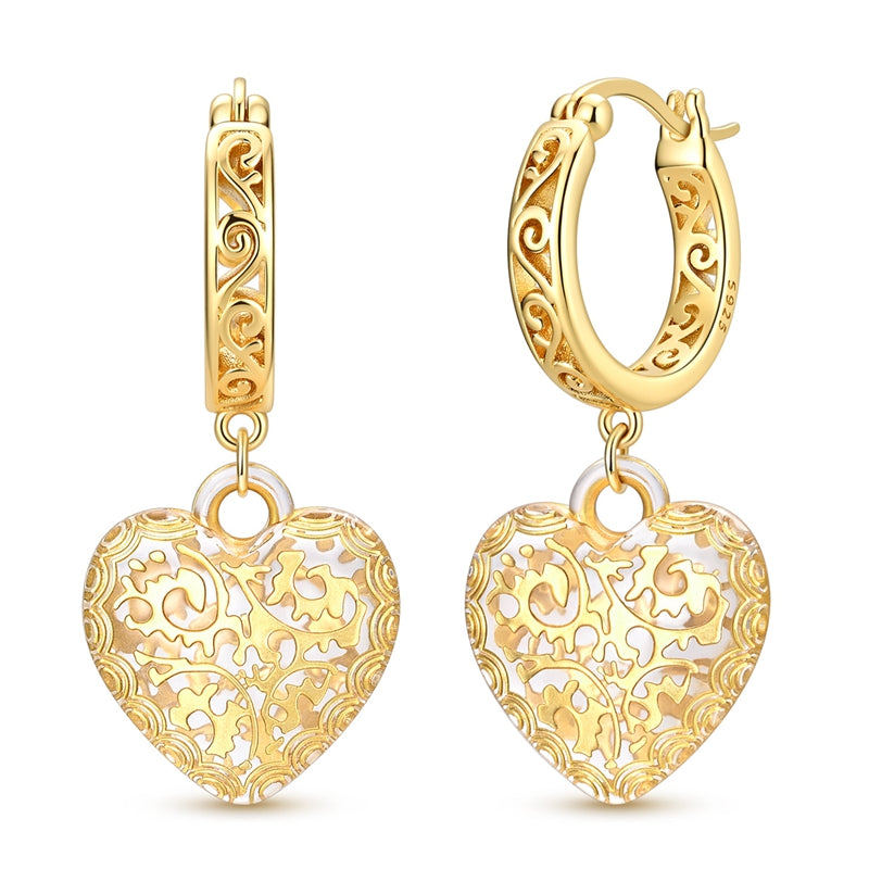 Vintage Pattern Gold-Trim Heart Earrings