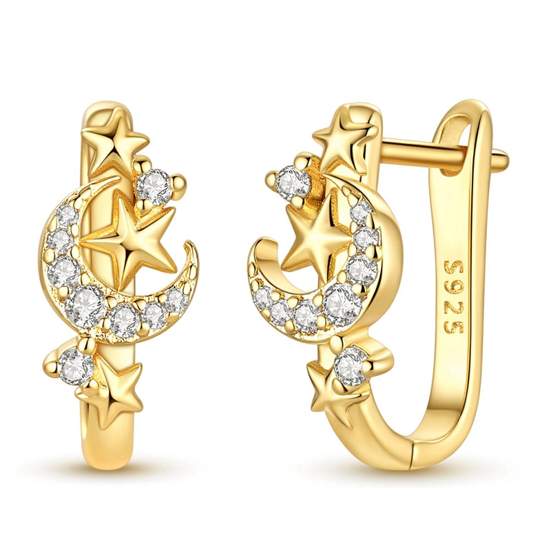 Sparkling Star And Moon French Hoop Earrings