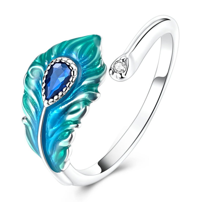 Blue-Green Glazed Feather Open Ring