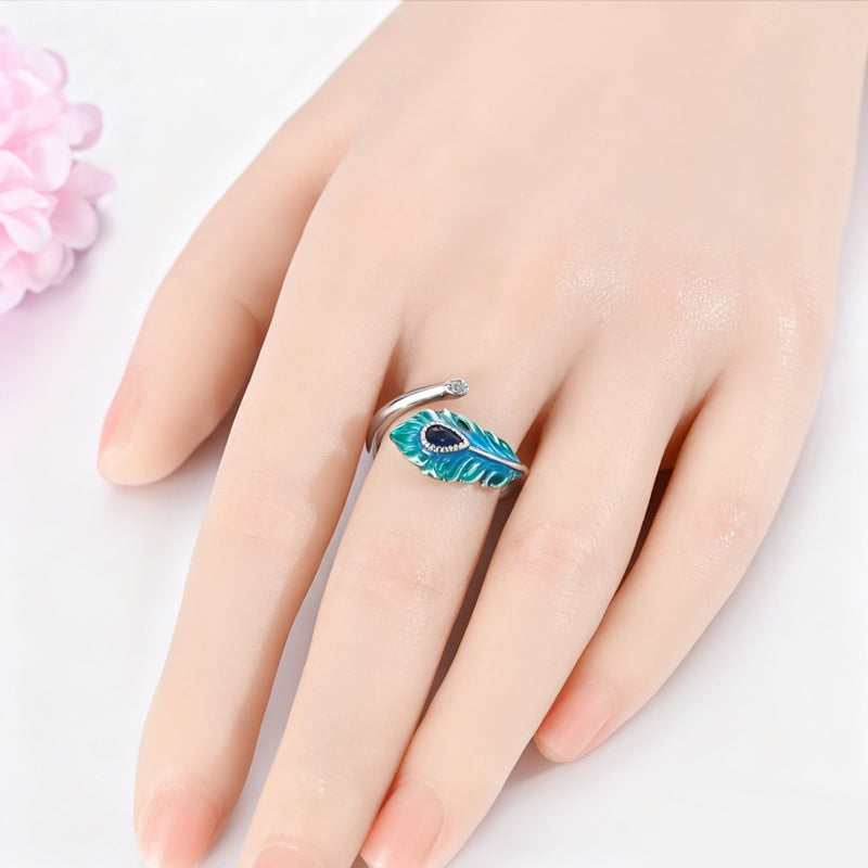 Blue-Green Glazed Feather Open Ring