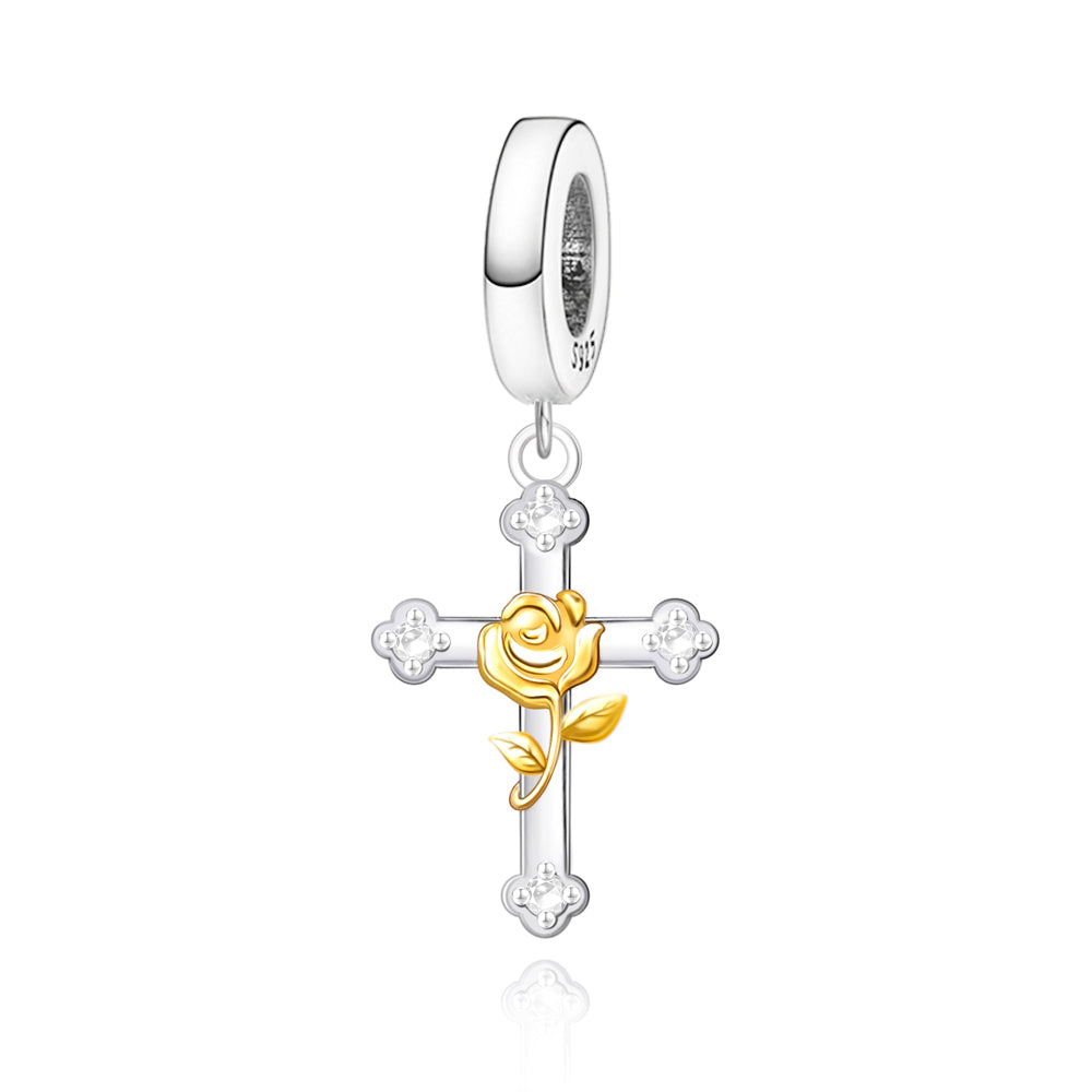 Golden Rose Cross Charm