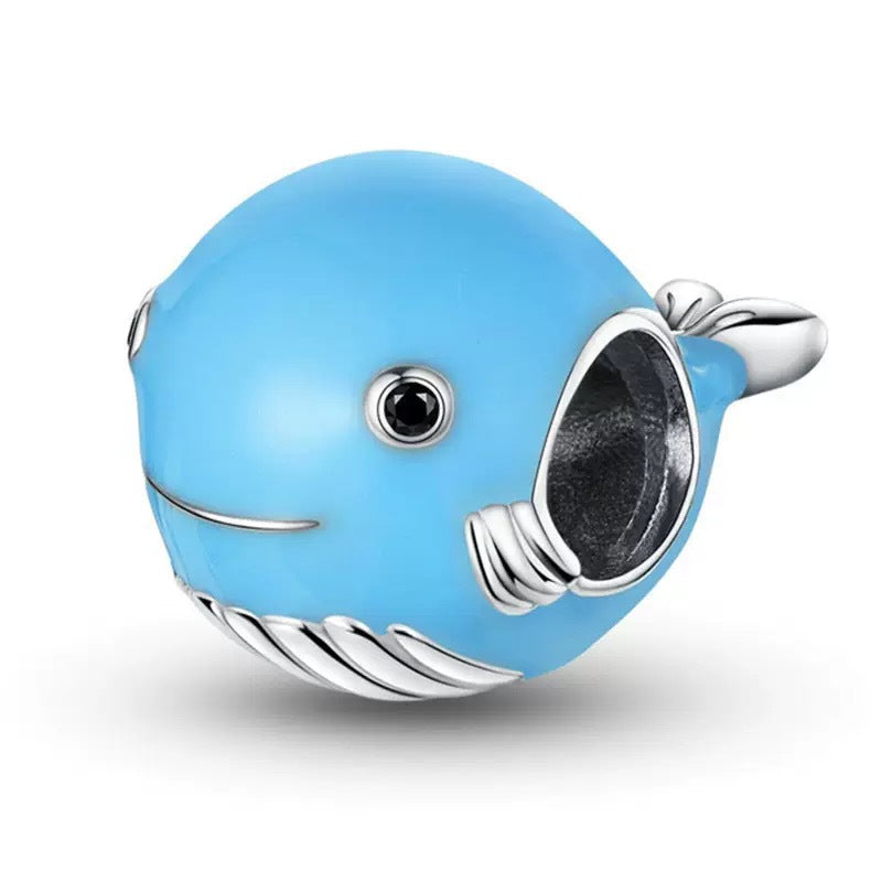 Chubby Blue Whale Charm, round blue enamel whale bead with a silver tail