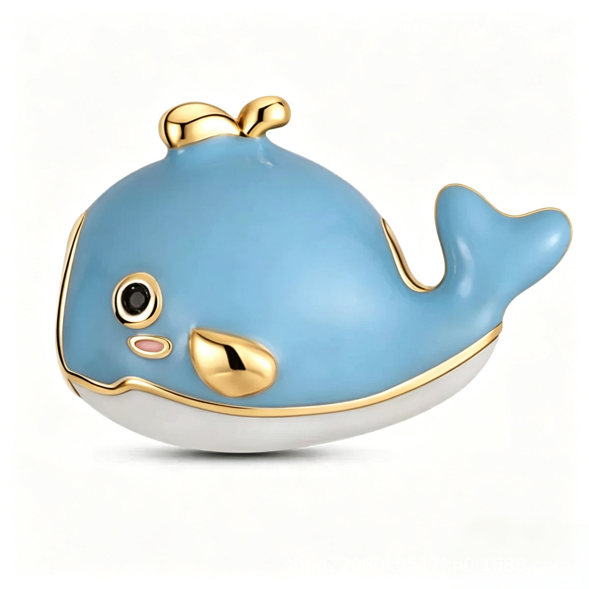 Gold Baby Blue Whale Charm, blue enamel whale bead with gold trim and spout