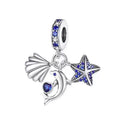 Seashell Dolphin and Starfish Charm, three silver dangles with blue stones