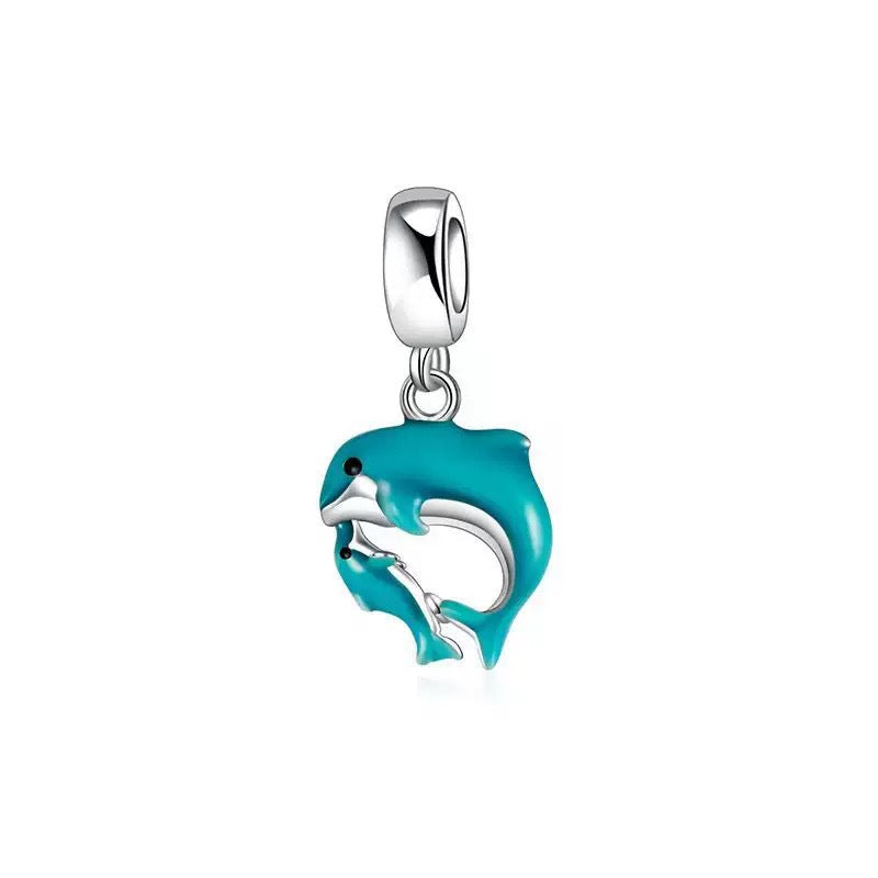 Mother and Baby Dolphin Charm, teal enamel mother dolphin swimming with her baby