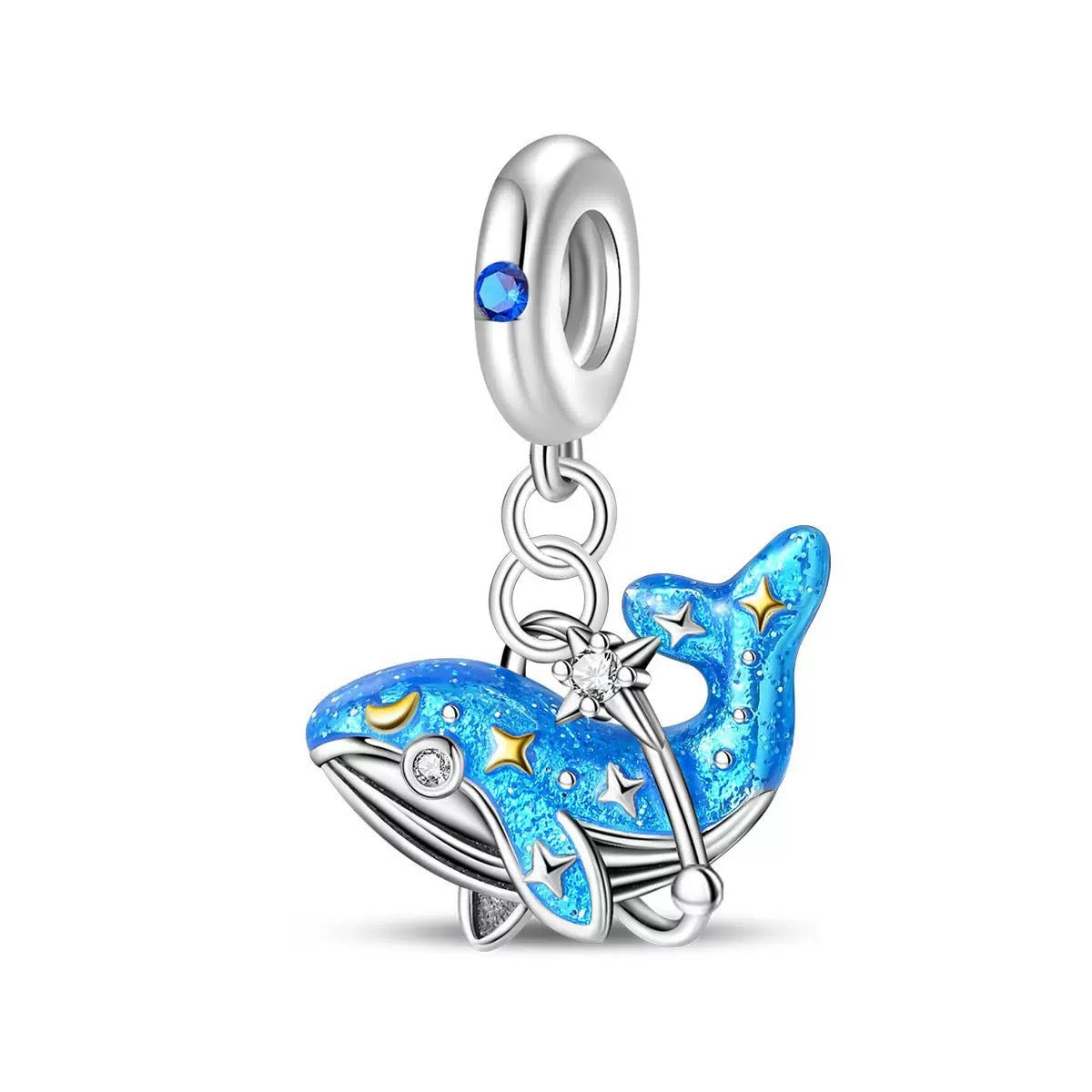 Starry Night Whale Charm, blue enamel whale with gold stars dangling from a silver bail