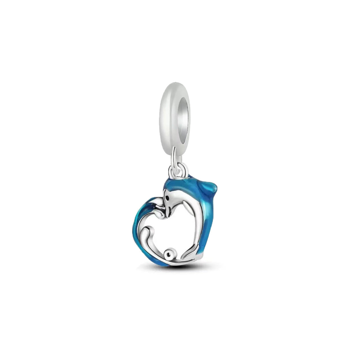 Dolphin Heart Charm, blue and silver dolphin curled into a heart shape