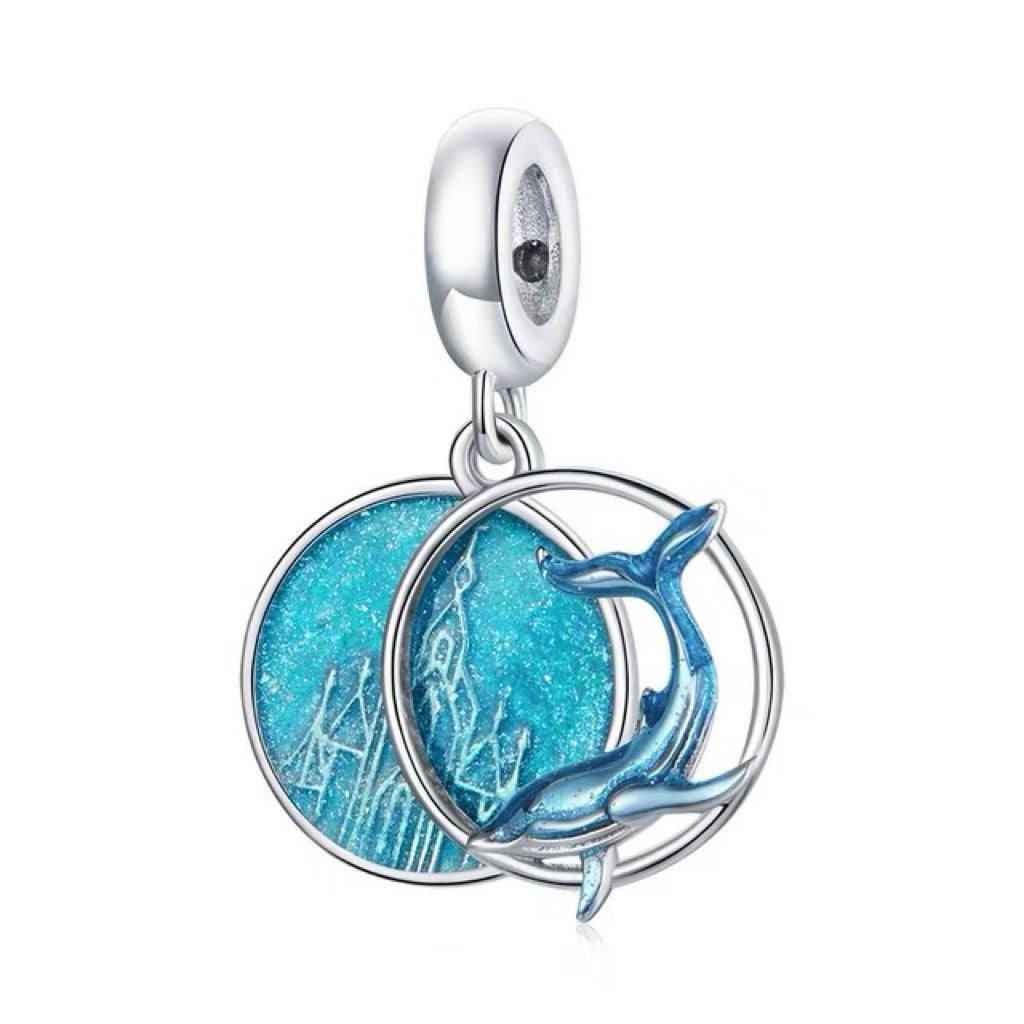 Ocean Dolphin Medallion Charm, silver dolphin leaping across a teal enamel disc