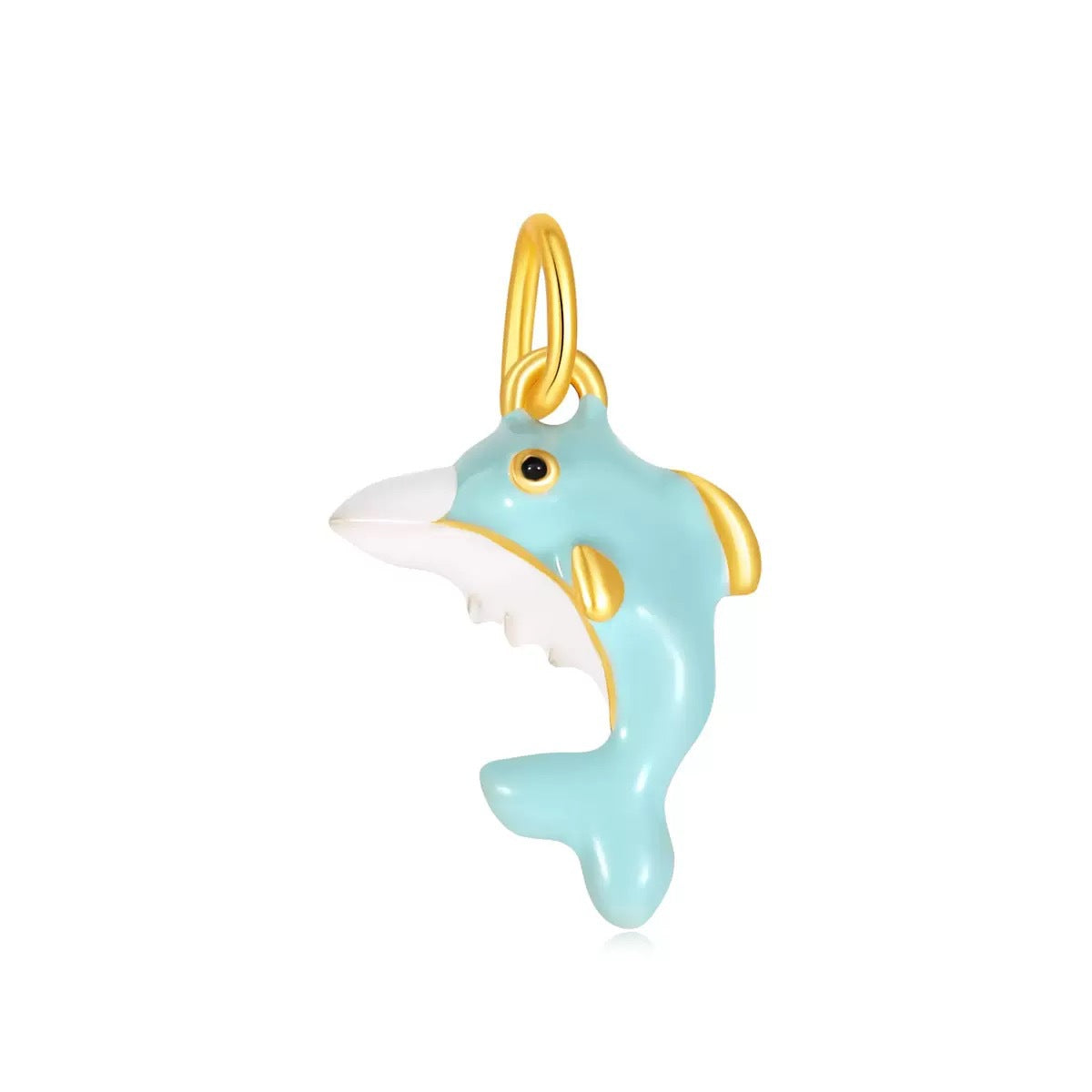 Aqua Dolphin Charm, aqua enamel dolphin dangle with gold accents