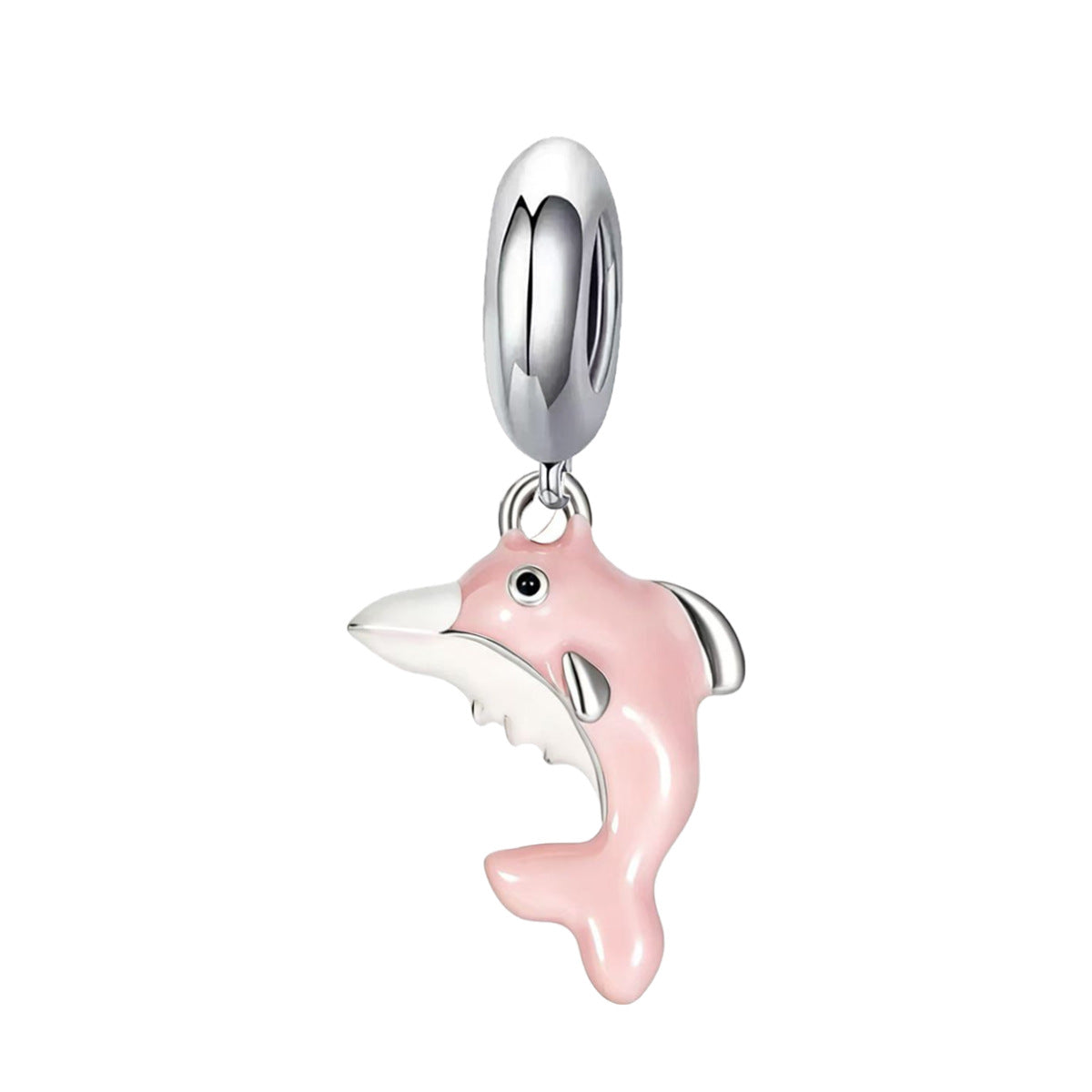 Pink Leaping Dolphin Charm, pink enamel dolphin dangle on a silver bail