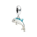 Ocean Blue Dolphin Charm, silver dolphin with blue enamel back on a crystal bail