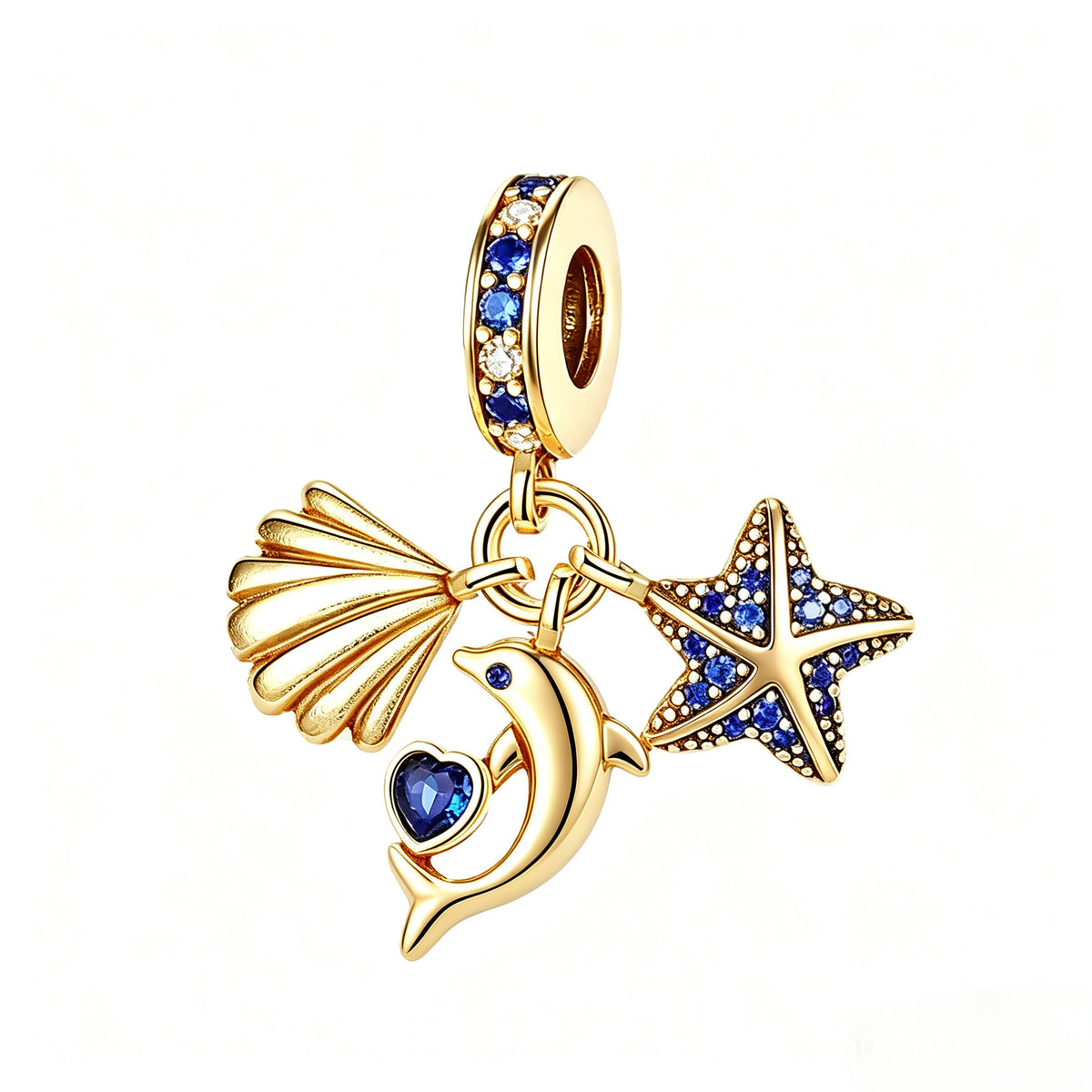 Gold Seashell Dolphin and Starfish Charm, three gold dangles with blue stones