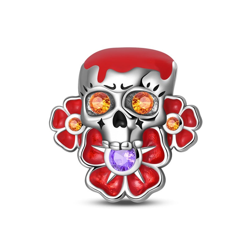 Red Flower Skull Charm
