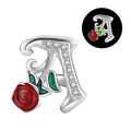 Luminous Rose Letter Charm, letter A in silver script with crystals and a red enamel rose