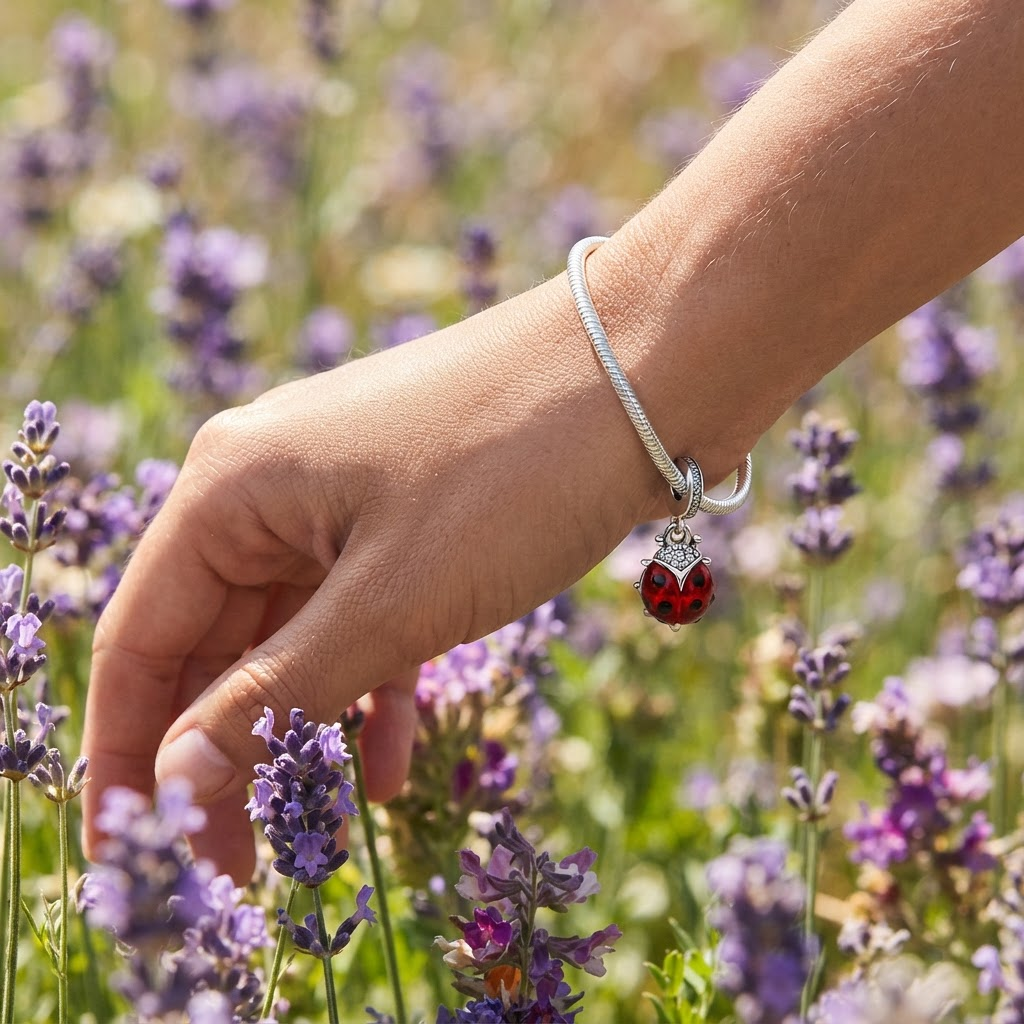 Lucky Ladybug Charm dangling from a silver snake-chain bracelet as a hand brushes through lavender