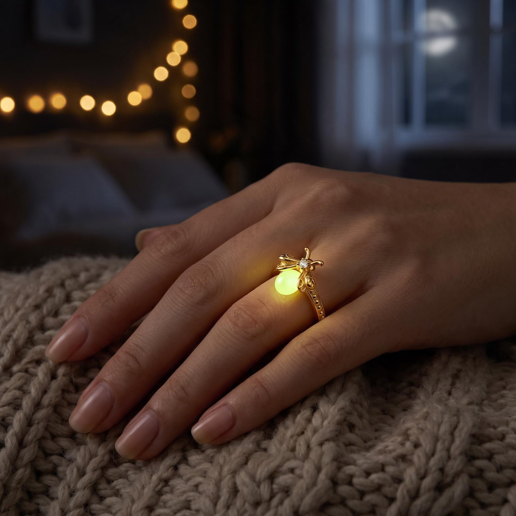 Gold Luminous Firefly Ring glowing on a hand resting on a knit blanket in a cozy bedroom at night