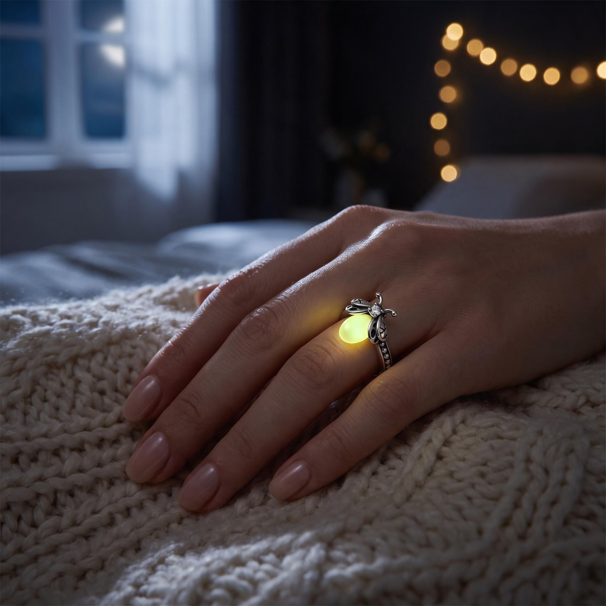 Silver Luminous Firefly Ring glowing on a hand resting on a knit blanket in a cozy bedroom at night