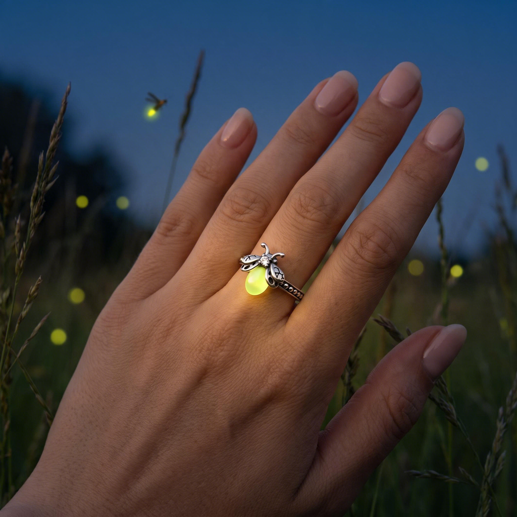 Silver Luminous Firefly Ring glowing in the dark on a hand in a summer meadow at night with fireflies