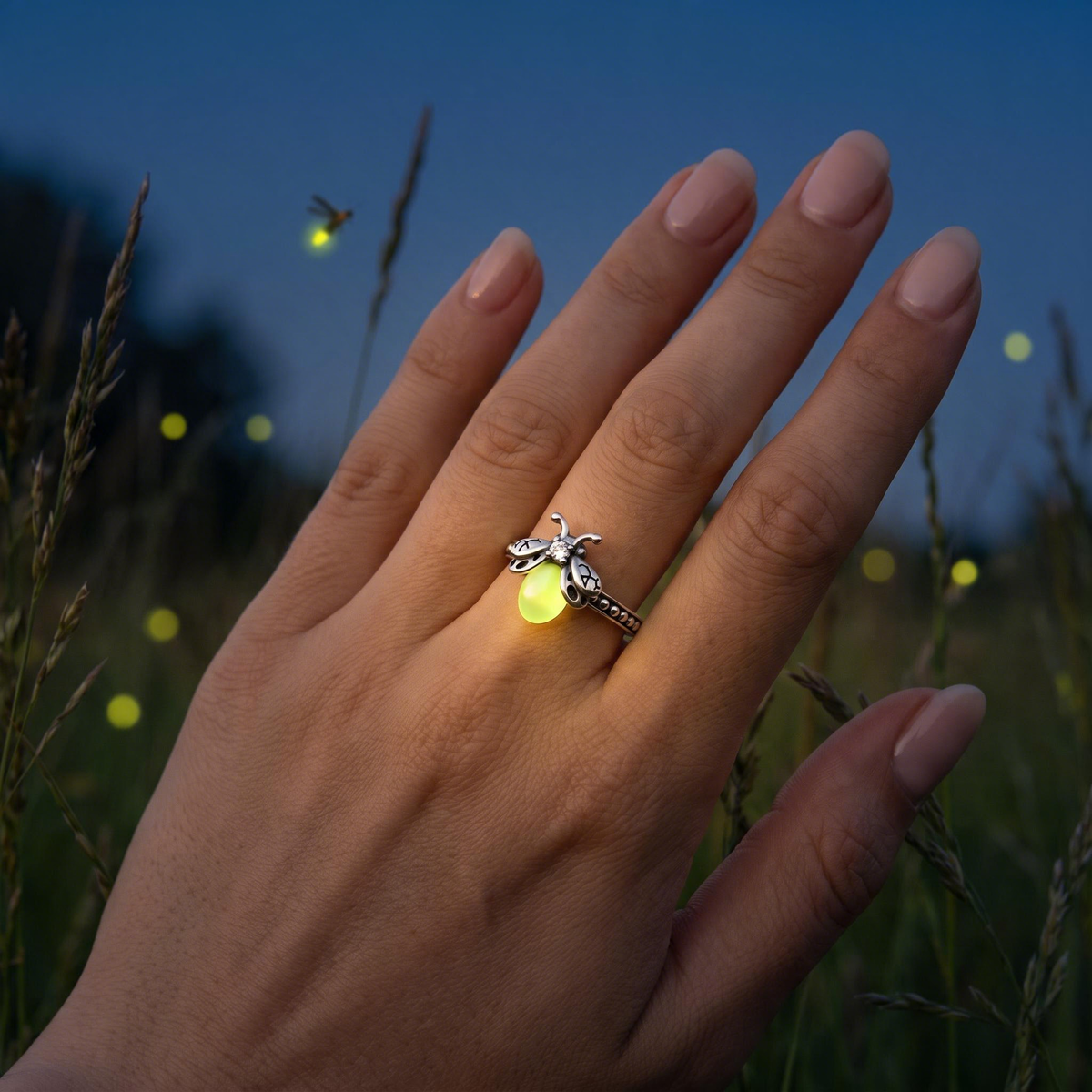 Silver Luminous Firefly Ring glowing in the dark on a hand in a summer meadow at night with fireflies