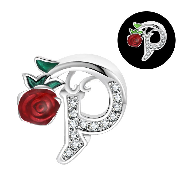 Luminous Rose Letter Charm, letter P in silver script with crystals and a red enamel rose