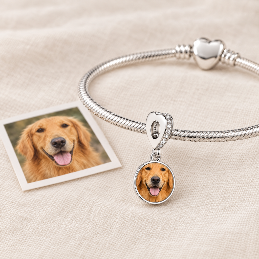 Personalized Custom Paw Photo Charm, next to the original photo