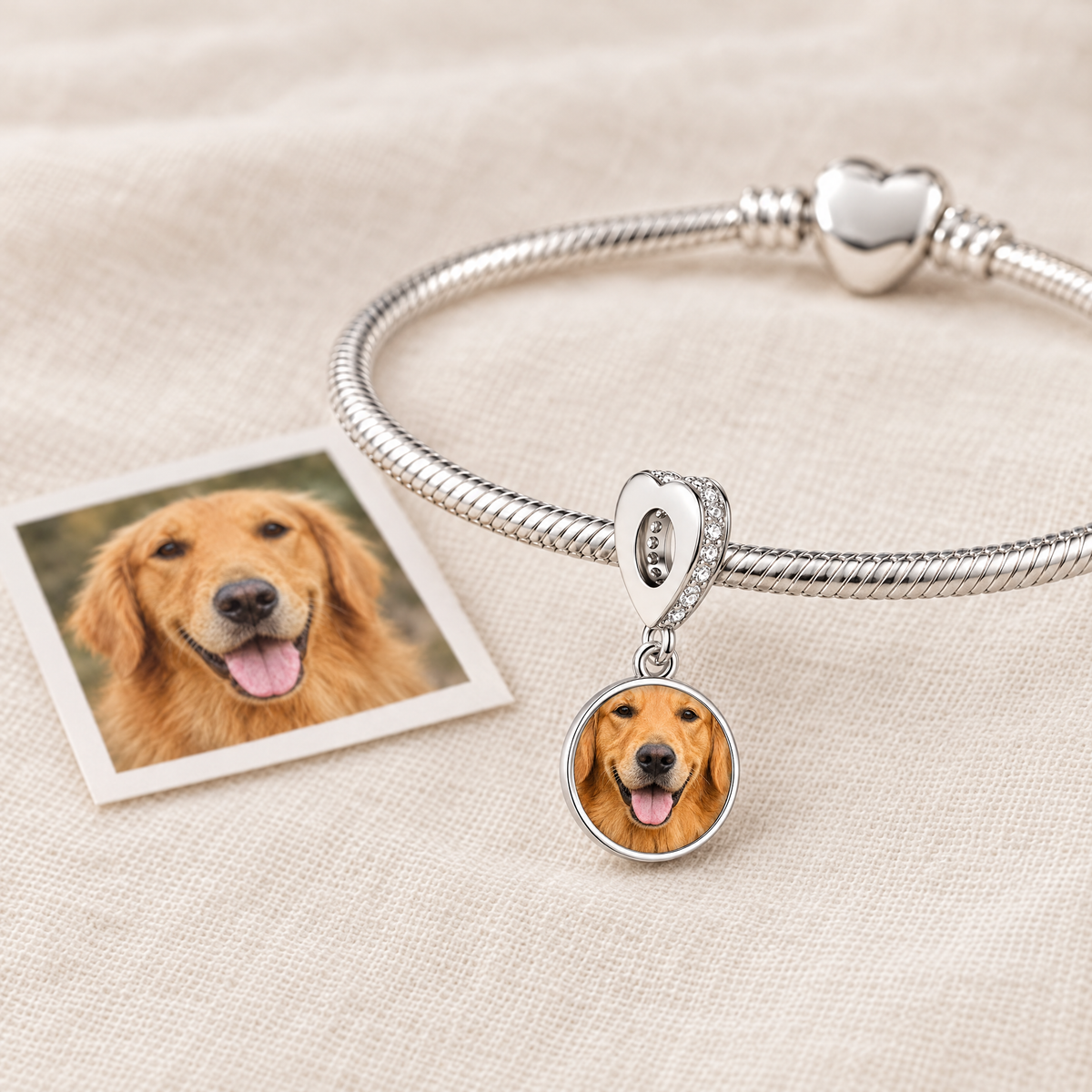Personalized Custom Paw Photo Charm, next to the original photo