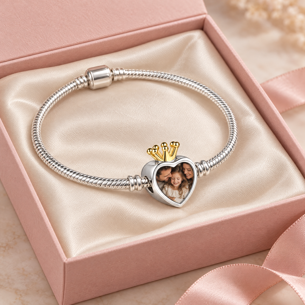 Personalized Custom Photo Engraved Crown Charm, in an open gift box
