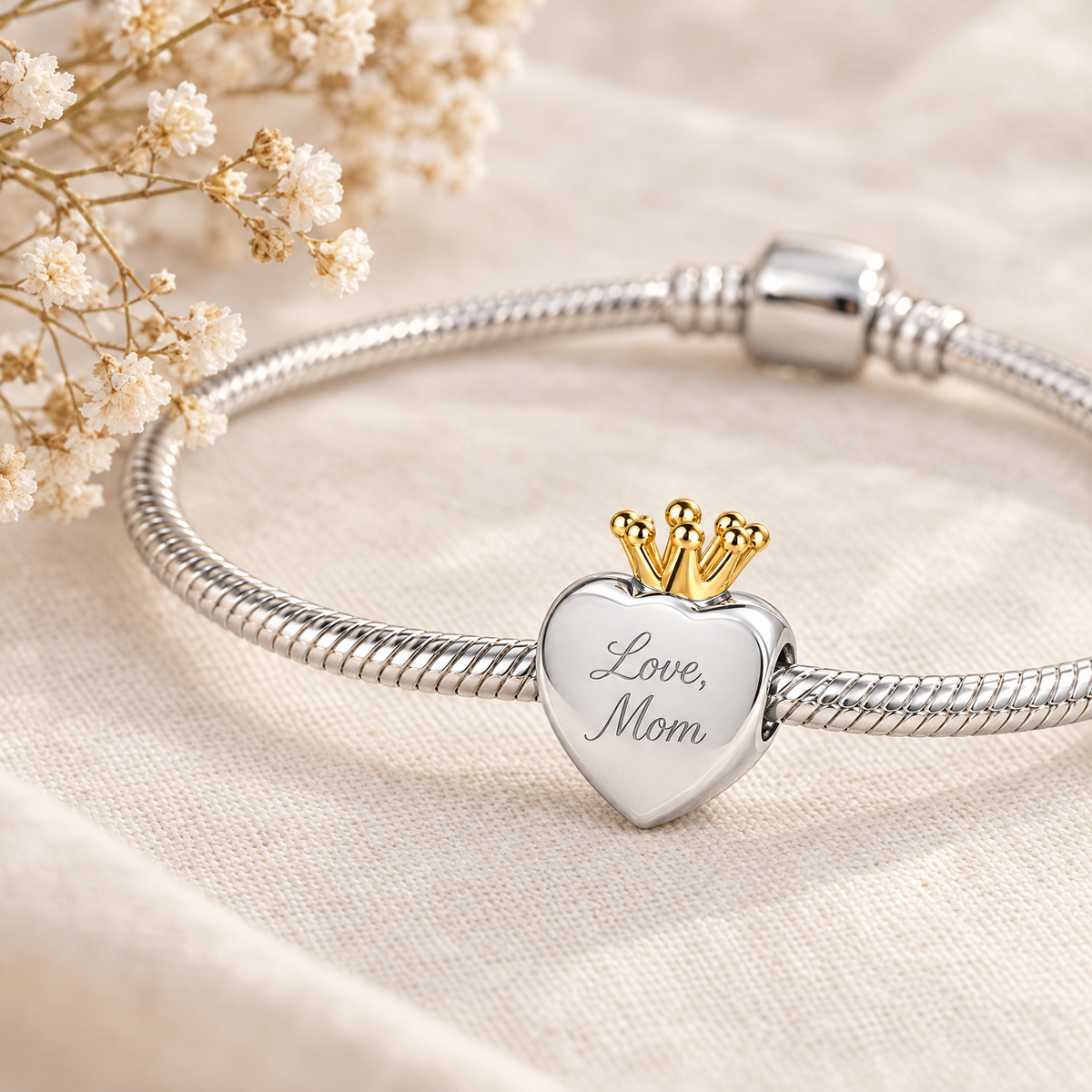 Personalized Custom Photo Engraved Crown Charm, back engraved "Love, Mom"
