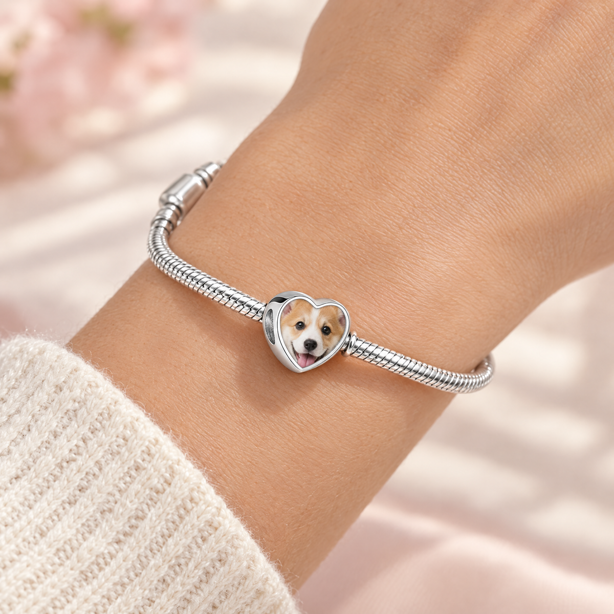 Personalized Custom Photo Dog Bone Charm, worn on a snake style charm bracelet