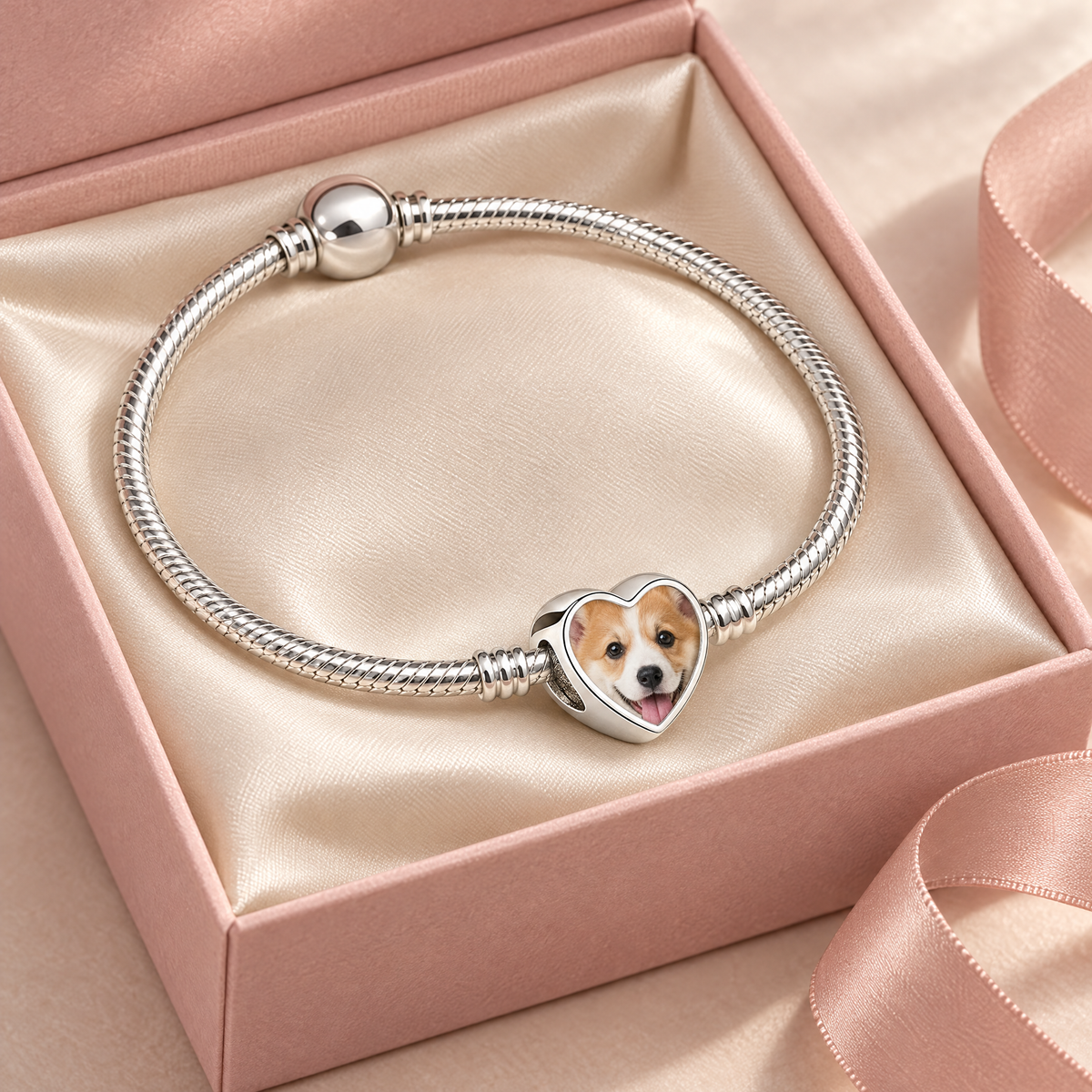 Personalized Custom Photo Dog Bone Charm, in an open gift box
