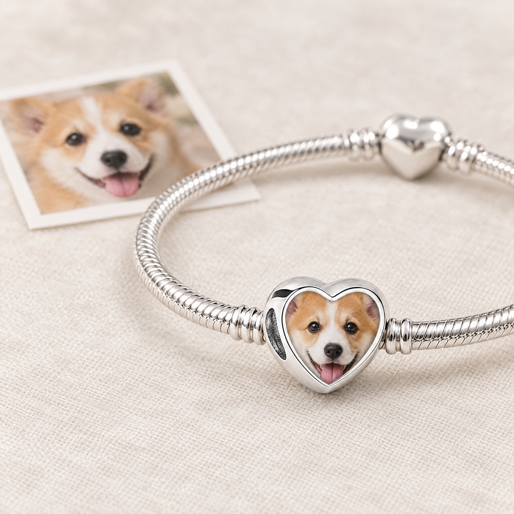 Personalized Custom Photo Dog Bone Charm, next to the original photo