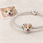 Personalized Custom Photo Dog Bone Charm, next to the original photo