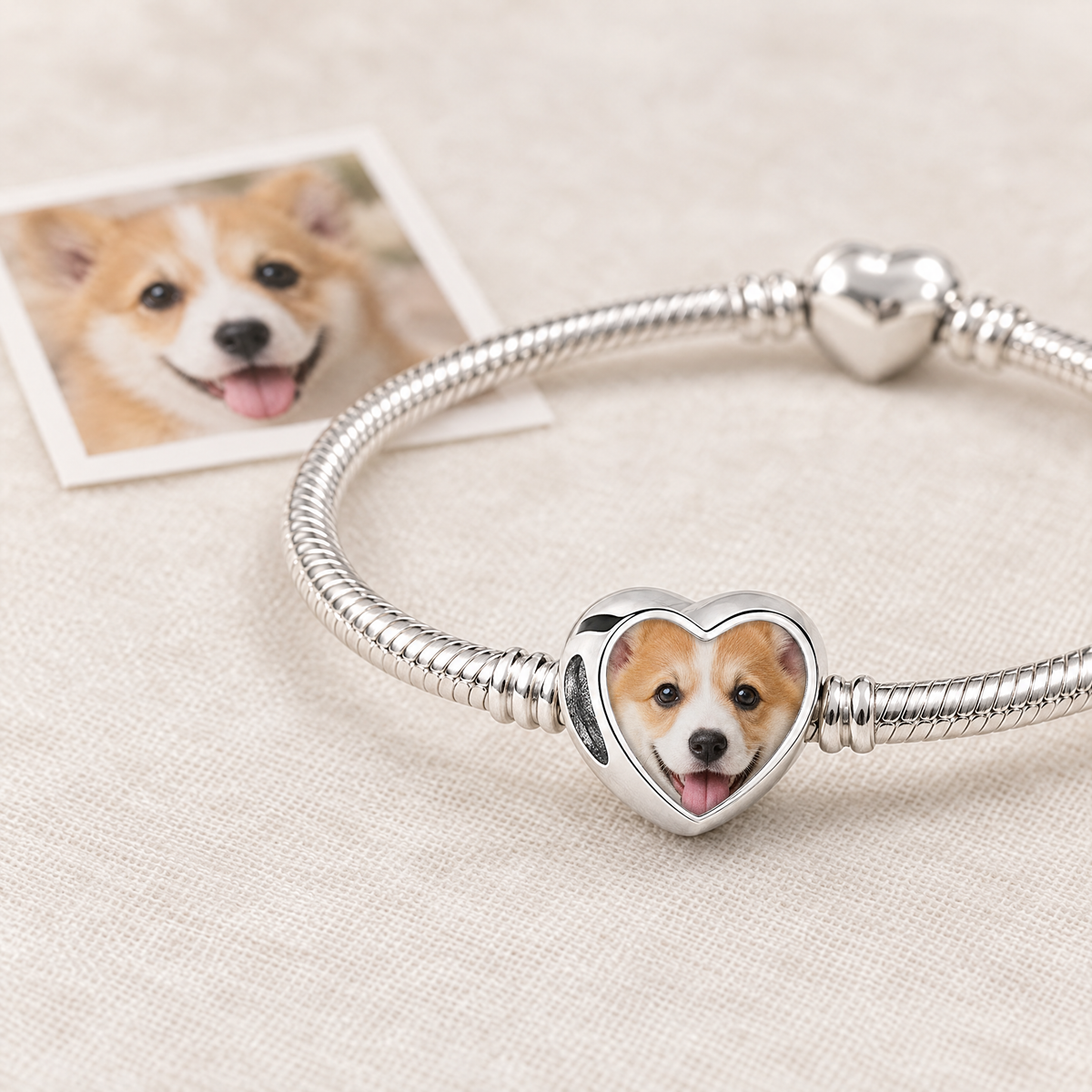 Personalized Custom Photo Dog Bone Charm, next to the original photo