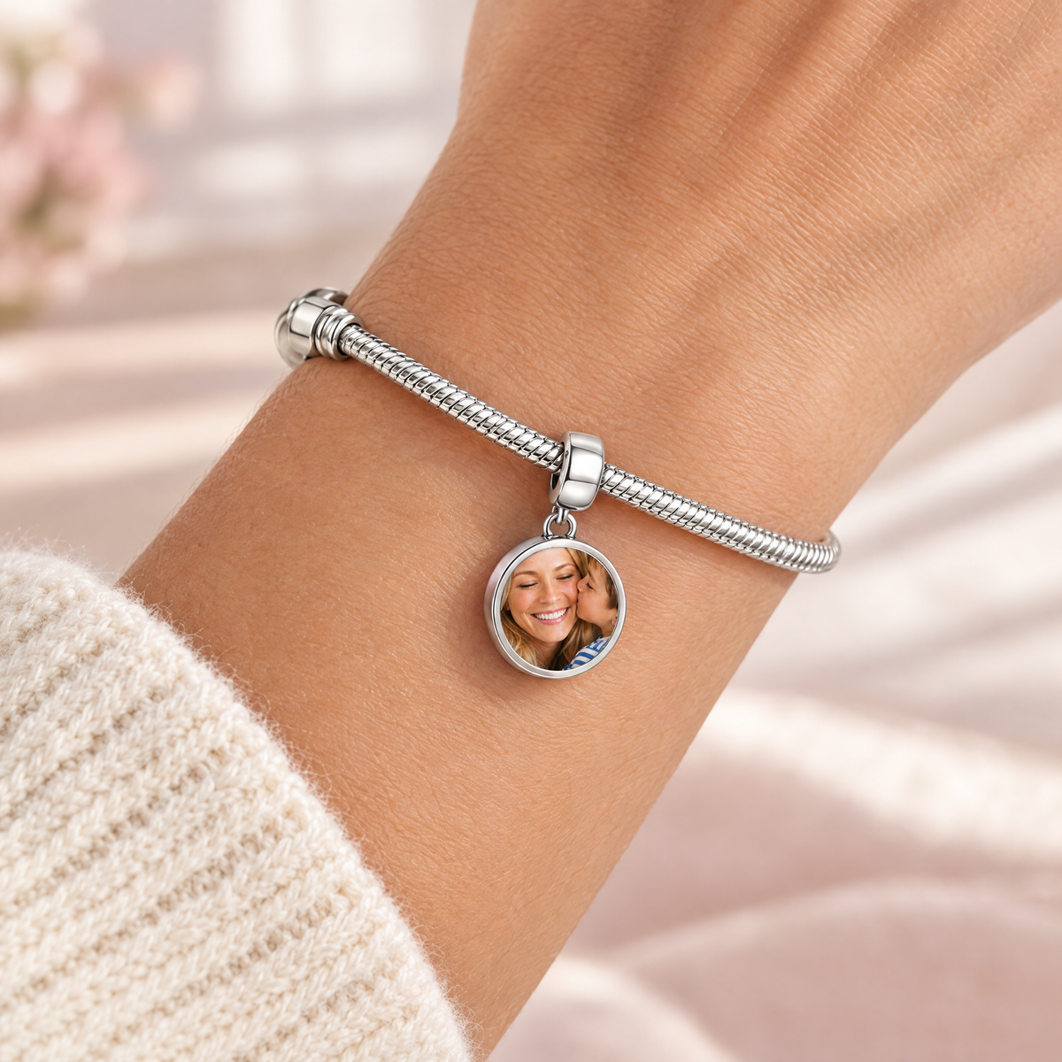 Personalized Custom Photo Forever Love Charm, worn on a snake style charm bracelet