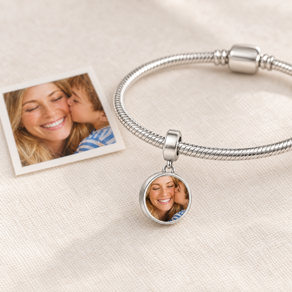 Personalized Custom Photo Forever Love Charm, next to the original photo