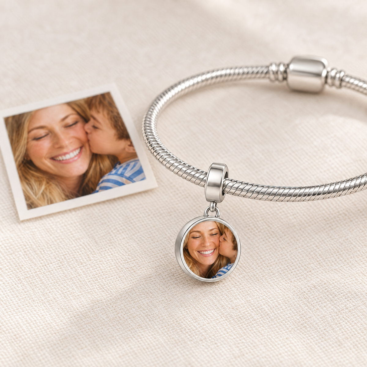 Personalized Custom Photo Forever Love Charm, next to the original photo