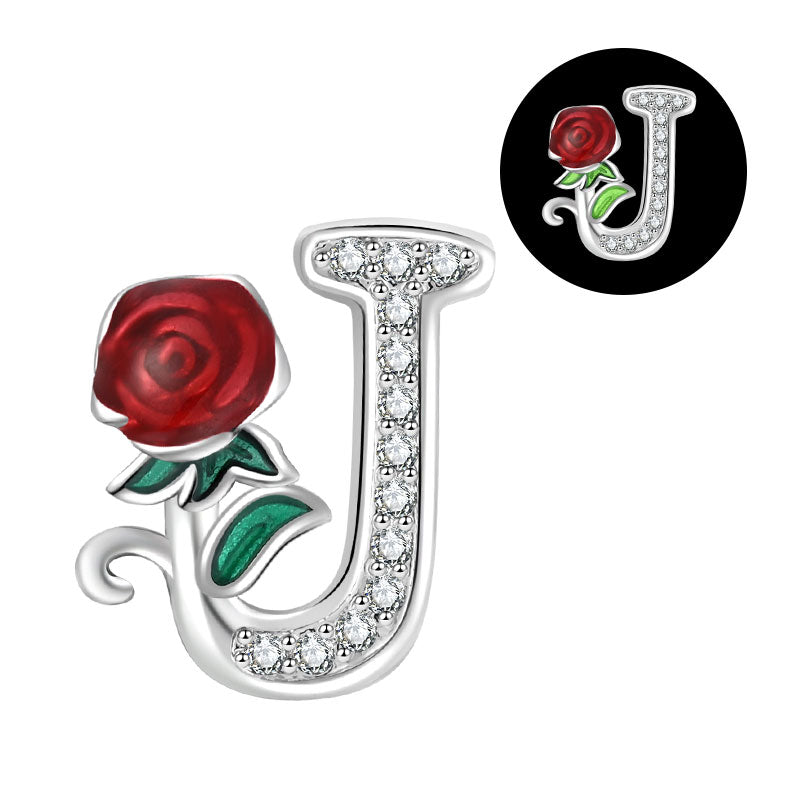 Luminous Rose Letter Charm, letter U in silver script with crystals and a red enamel rose