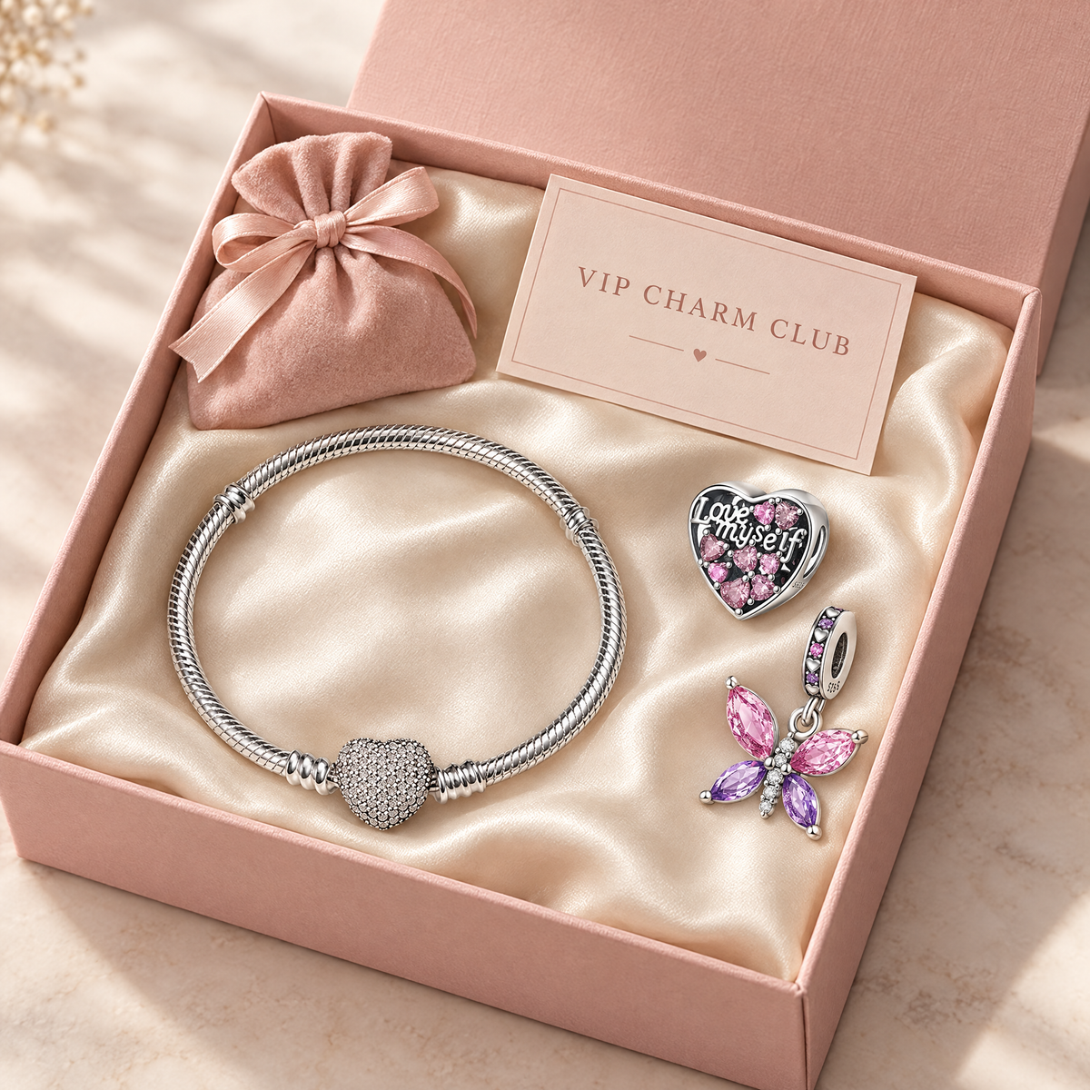 VIP Charm Club box with a charm bracelet, two charms and a mystery gift pouch